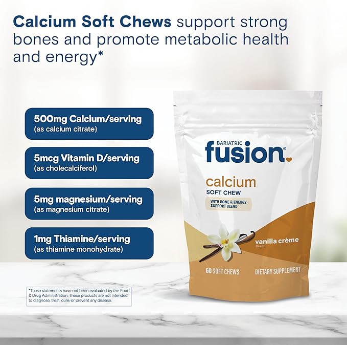 Bariatric Fusion Bariatric Calcium Supplement Chews | Calcium Citrate with Vitamin D3 Bariatric Vitamin | Sugar Free Chewable | 500mg | Vanilla | 60 Count