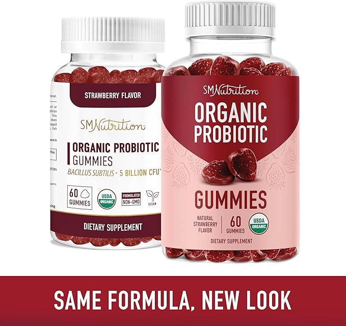 Organic Probiotics Gummies | 5 Billion CFU Probiotics for Digestive Health & Immune Support | Hardy Bacillus Subtilis | Strawberry Gummies | Shelf Stable, Gluten-Free, Vegan | 60 Ct. (1 Month Supply)