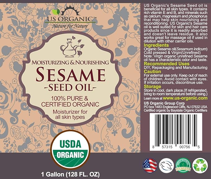US Organic Sesame Seed Oil, USDA Certified Organic, Untoasted, Unrefined Virgin, 100% Pure & Natural, Cold Pressed, Size for DIY and small manufacturers (128 oz (1 Gallon))