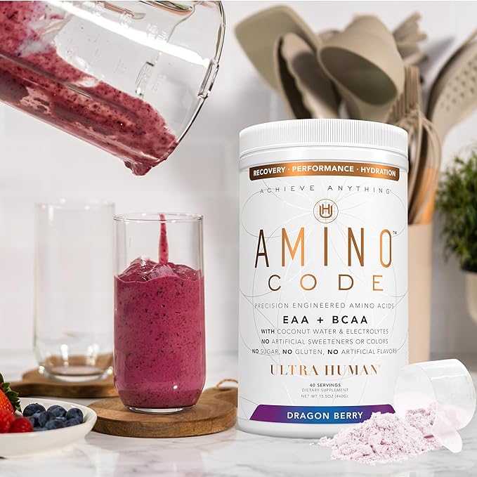 Ultra Human Amino Code | Essential Amino Acids + BCAAs + Coconut Water Electrolytes | Fast Hydration Workout Recovery Flavored Amino Energy Powder Drink | Clean Formula, 40 Servings - Dragonberry