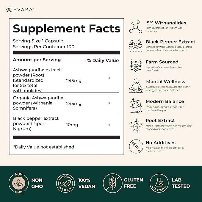 EVARA Ashwagandha Capsules with Black Pepper – 100 Count | High Potency 500mg Root Extract with 5% Withanolides | Natural Stress & Anxiety Relief, Sleep Support & Mood Balance