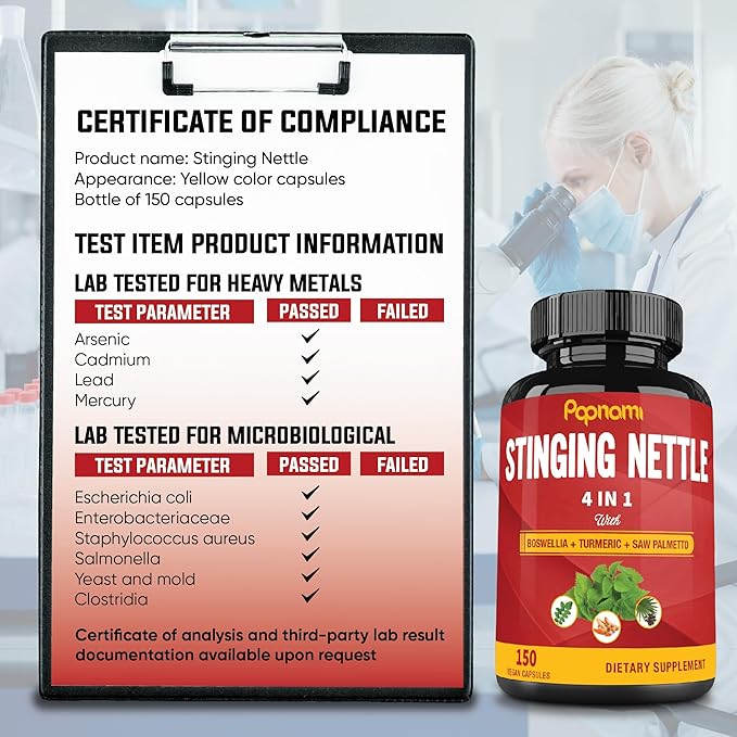 Stinging Nettle Extract Capsules - 4in1 Combined with Boswellia, Turmeric & Saw Palmetto - 150 Counts for 5 Months - Supports Joint, Body Management, Skin, Hair & Immunity