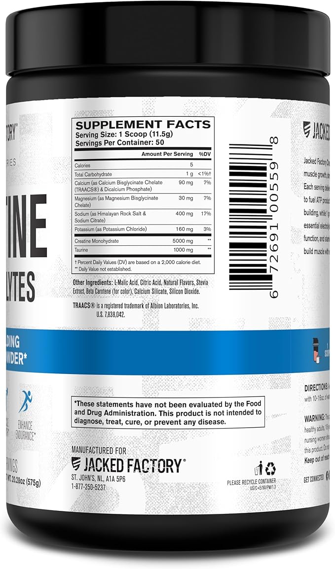 Jacked Factory Creatine + Electrolytes - Creatine Monohydrate with Taurine, Calcium, Sodium, & Potassium to Increase Muscle Growth, Strength, Hydration, & Endurance - 50 Servings, Peach Mango