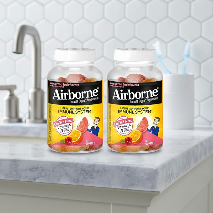 Airborne 750mg Vitamin C Gummies for Adults, Immune Support Gummies with Powerful Antioxidants VIT C & E, Caffeine Free - 2x63ct Bottle (42 Servings), Assorted Fruit Flavor