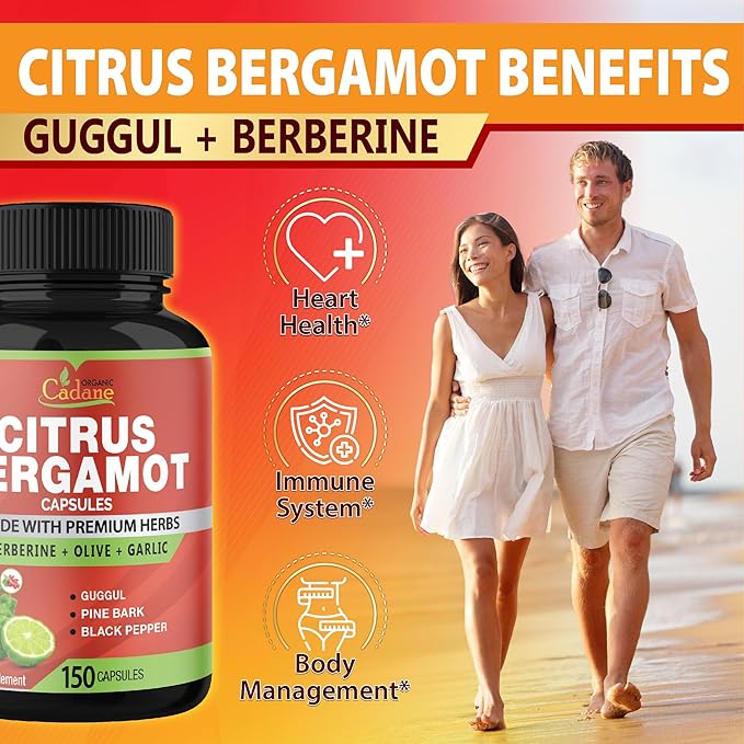 Organic Cadane Citrus Bergamot Supplement Capsules with Berberine, Olive, Guggul, Garlic, Pine Bark, Black Pepper - 150 Caps for 5 Months Supply