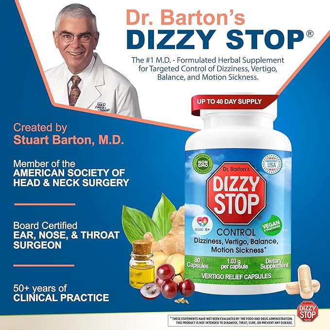 Vertigo Relief Product & Non‑Drowsy Motion Sickness Pills: Nausea and Dizziness, Ginger & Grape Seed Formula, Inner Ear Balance, Car, Cruise & Travel Essential, Stomach Support (80 Count – Pack of 2)