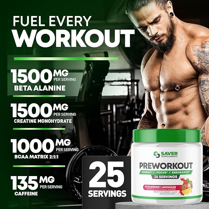 Pre Workout Powder with Beta Alanine, Creatine Monohydrate, BCAA, L Citrulline, L Arginine and Caffeine - Strawberry Lemonade Flavor - 25 Servings