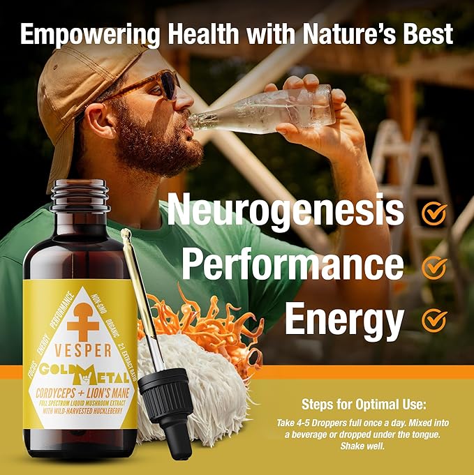 Vesper Gold Metal Mushroom Liquid Extract - Cordyceps & Lion’s Mane Blend with Wild Huckleberries for Neurogenesis, Performance, and Energy, USA-Grown, for Focus & Endurance – 4oz