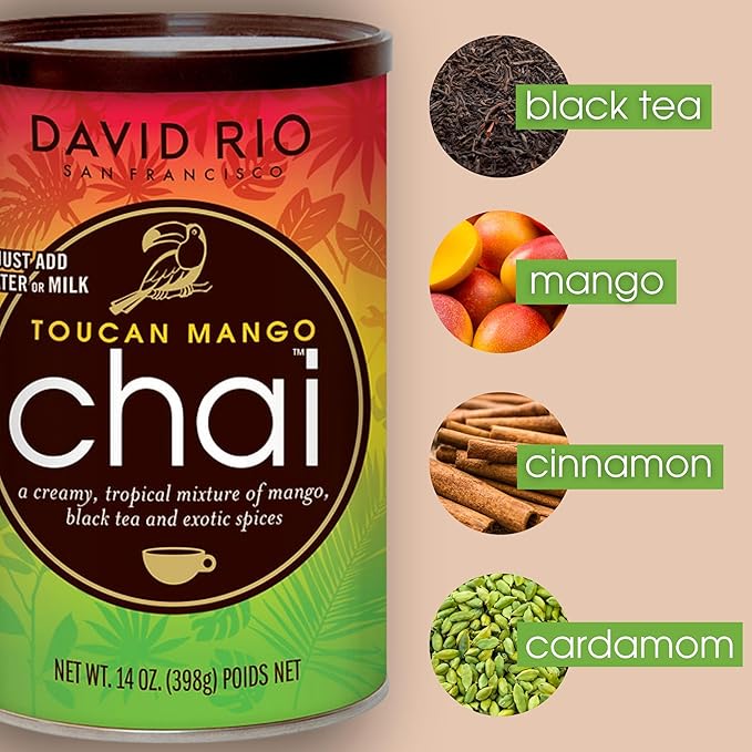 Toucan Mango Chai Tea Latte Mix, 14 Oz, Black Tea, Organic Spices, Dairy Free, Serve Hot or Cold, Just Add Water or Milk, 8 Servings