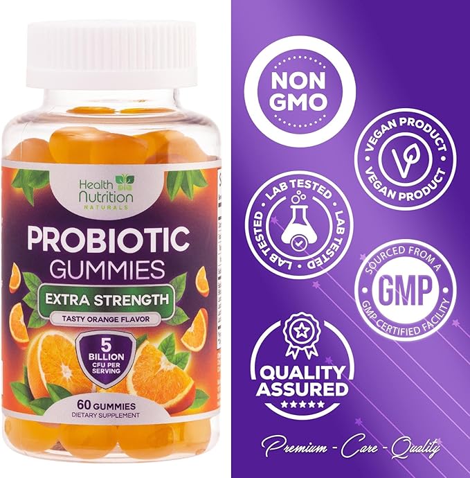 Probiotic Gummies for Women & Men - 5 Billion CFUs Gut Health Support Gummy, Daily Probiotics Supplement for Digestive Health Gummy, Probiotic Strains for Immune Support, Non-GMO & Vegan - 60 Gummies