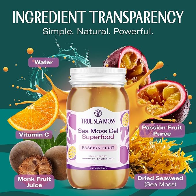TrueSeaMoss Sea Moss Gel – Made in USA – Wildcrafted Seamoss, Fresh Fruits & Sea Vegetables – Passion Fruit, Pack of 1 (Labels May Vary)