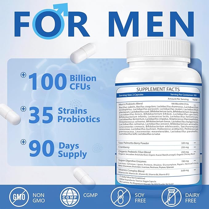 ZEBORA Probiotic for Men - 100 Billion CFU, Men's Probiotics for Gut Health, Prebiotics + Enzymes + Saw Palmetto + Cranberry, Daily Probiotic for Digestive Health, 180 Caps