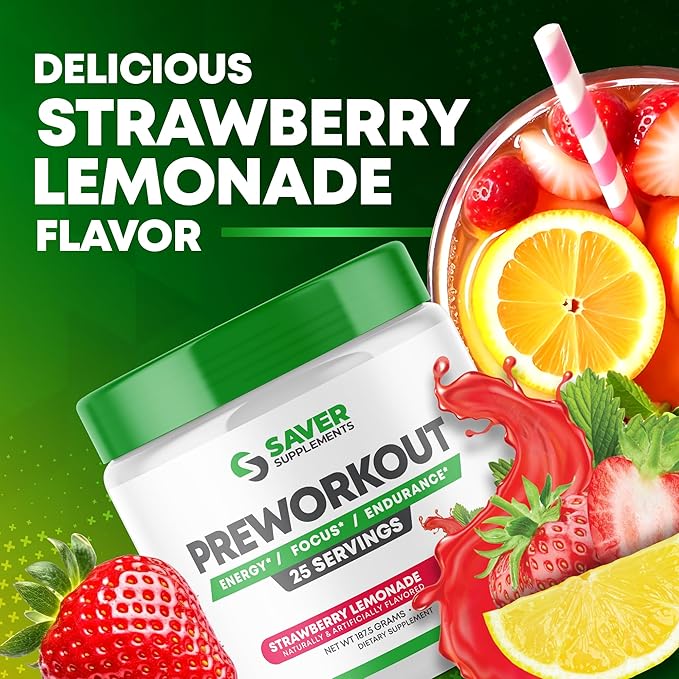 Pre Workout Powder with Beta Alanine, Creatine Monohydrate, BCAA, L Citrulline, L Arginine and Caffeine - Strawberry Lemonade Flavor - 25 Servings