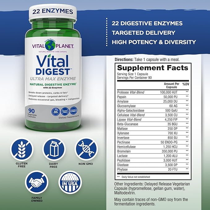 Vital Planet – Vital Digest Natural Digestive Enzymes Supports Breakdown of Proteins, Fats, and Carbohydrates and Reduces Occasional Gas, Bloating and Indigestion 90 Capsules (Packaging May Vary)