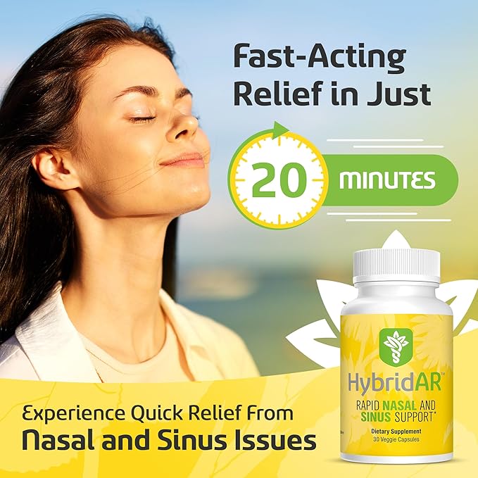 HybridAR Rapid Sinus Relief and Calm – Fast Acting Non-Drowsy Sinus Support and Medicine - Natural Decongestants for Adults with Antihistamine, Quercetin, and Butterbur for Allergies - 30 Capsules