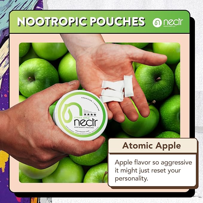 Nectr Energy Nootropic Pouches – Atomic Apple Flavored, Caffeine Pouches with Cognizin® Citicoline. Sugar-Free Brain Treats. Smooth, Sustained Focus & Energy Supplement - 1 Puck of 16pcs