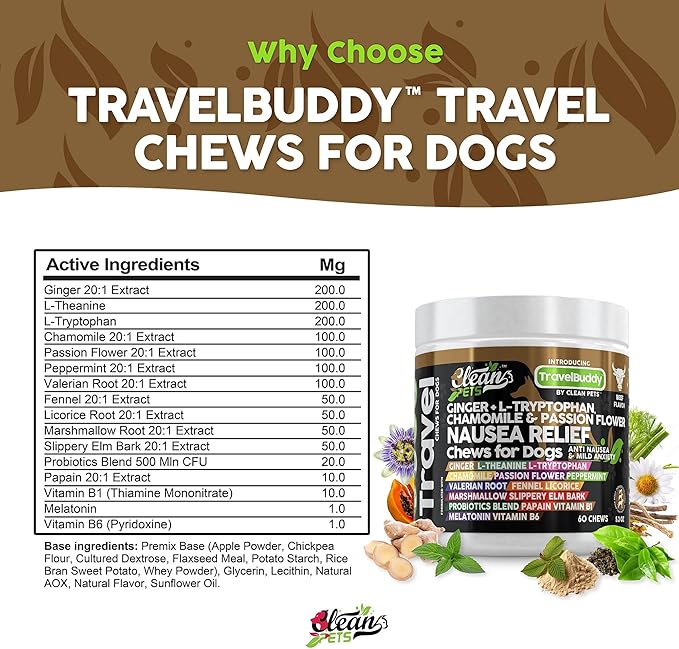 Travel Chews Nausea Relief for Dogs | Ginger L-Tryptophan Chamomile Passion Flower L-Theanine Peppermint Valerian Root Fennel Licorice Root Marshmallow Root Slippery Elm Melatonin Chew