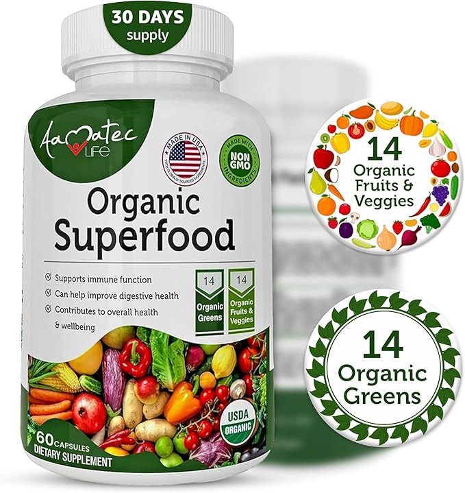 Organic Superfood Greens Fruits and Veggies Complex - Dietary Supplement with 14 Greens &14 Vegetables with Alfalfa Rich in Antioxidants Organic Ingredients Non-GMO (120 Count Pack of 2)