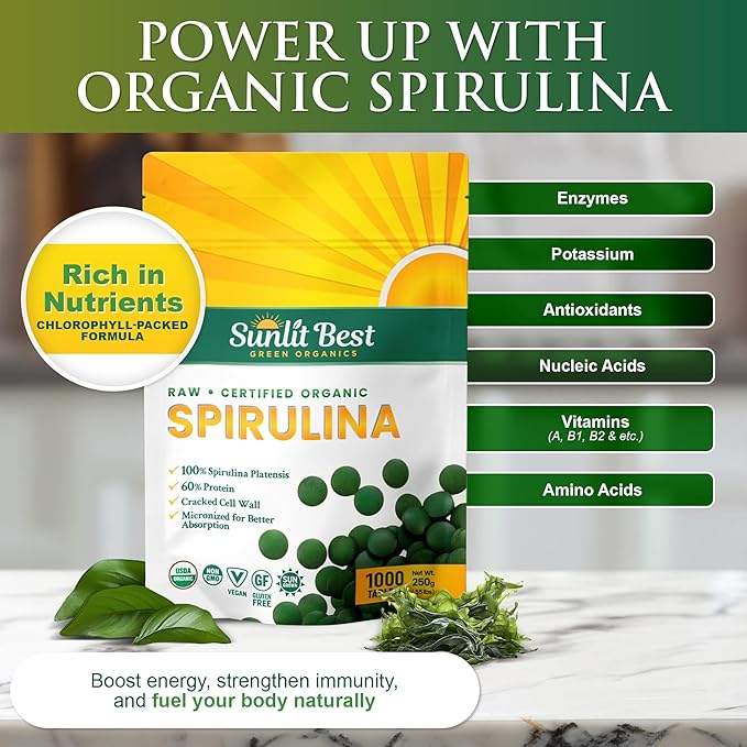Sunlit Best - USDA Organic Spirulina Tablet - Natural Super Greens Supplements for Immune Support, Gut Health & Boost Energy Tablets with Chlorophyll, Vegan & High Protein Non GMO, 1000 Superfood Tabs