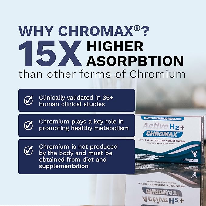 Active H2+ Chromax – Hydrogen Water Tablets with Chromium – Supports Metabolism and Energy – Molecular Hydrogen and Chromium Supplement – 30 Tablets