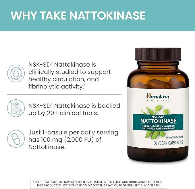 Himalaya NSK-SD Nattokinase, 2000 FU, Dietary Supplement for Healthy Circulation, Vegan, Gluten Free Natto Extract, 100 mg, 60 Capsules Current Value - Himalaya NSK-SD Nattokinase Capsules, 60 CT