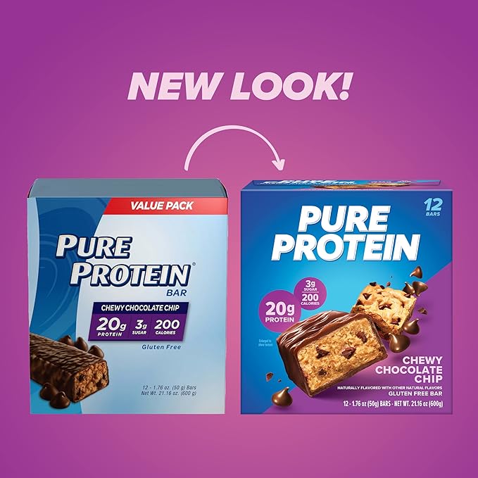 Pure Protein Bars, High Protein, Nutritious Snacks to Support Energy, Low Sugar, Gluten Free, Chewy Chocolate Chip, 1.76oz (Pack of 12), Packaging may vary