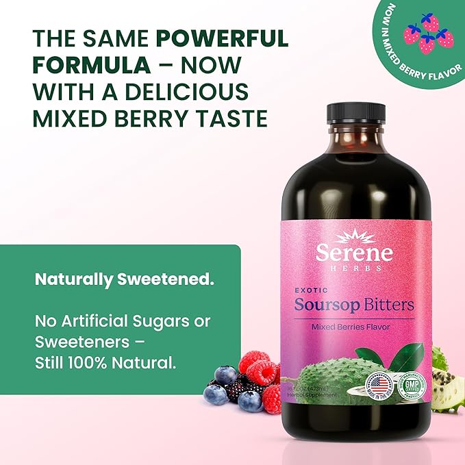 Soursop Bitters Liquid - Organic Herbal Sour Sop Guanabana with Black Seed, Moringa, Irish Moss & Ginger – Gut Support, Energy & Immune Boost – Vegan, Non-GMO – Mixed Berry Flavor – 16 oz