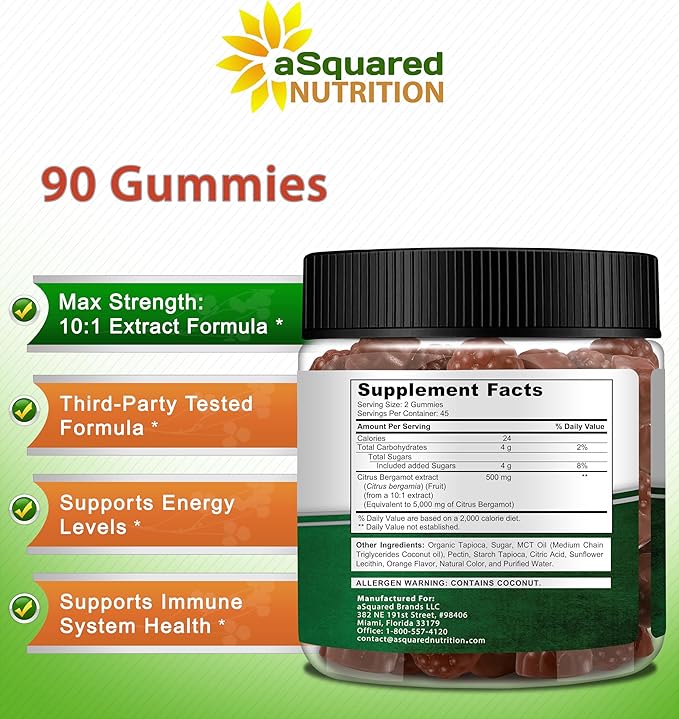 aSquared Nutrition Citrus Bergamot Gummies - Citrus Bergamot Extract Supplement 500mg Per Serving - Pure Gummy Alternative to Capsules & Pills