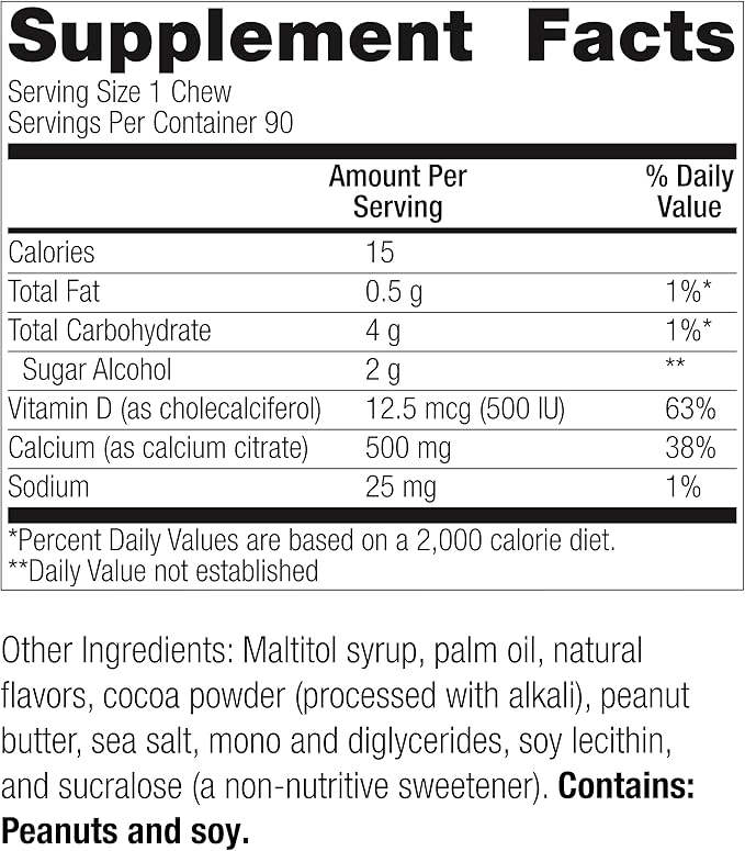 Bariatric Advantage Calcium Citrate Chewy Bites 500 mg - Highly Absorbable & Digestible - Vitamin D3 - Easily Chewable Calcium Supplement - Peanut Butter Chocolate - 90 Count