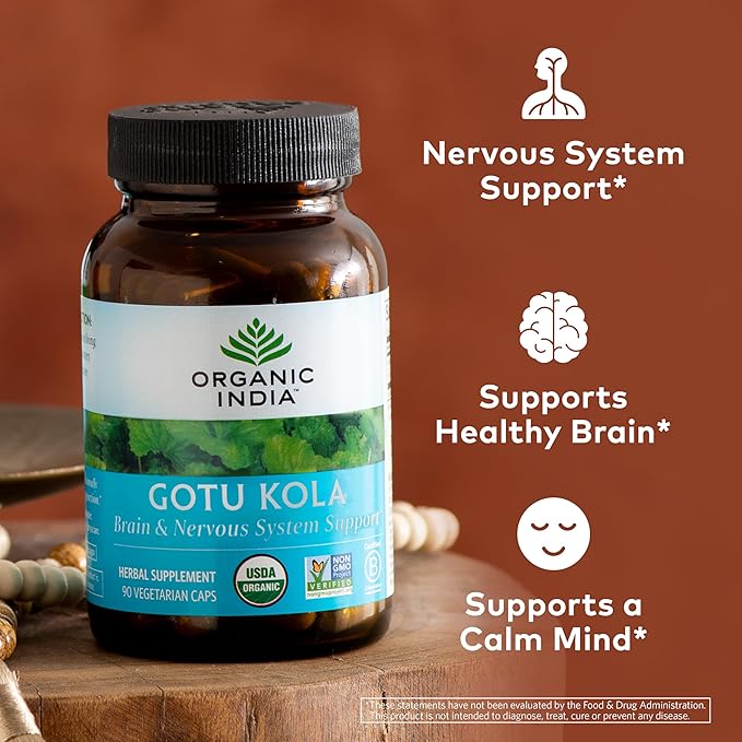 Organic India Gotu Kola - Centella Asiatica Herbal Supplement - Adaptogen for Brain & Nervous System Support, Vegan, Gluten-Free, USDA Certified Organic, Non-GMO, Calming, Mental Clarity - 90 Capsules