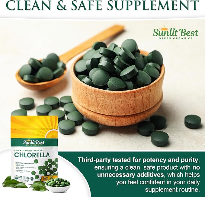 Sunlit Best USDA Organic Premium Chlorella Tablets 500 Tabs | 100% Pure Chlorella Superfood Supplement High in Protein, Chlorophyll, Vitamins, & Minerals | Supports Good Health, Wellbeing & Recovery