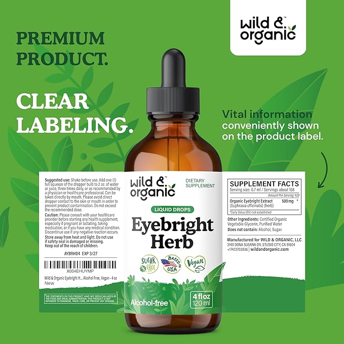 Wild & Organic Eyebright Herb Tincture - Vision Support with Euphrasia Extract - Dietary Eyebright Drops 500 mg - Vegan, Sugar & Alcohol-Free Liquid Supplement - 4 fl oz