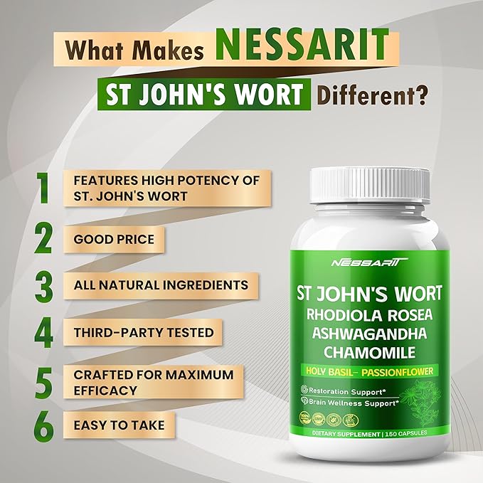 ST John's Wort 14-in-1 Natural Blend with Rhodiola Ashwagandha Chamomile Holy Basil L-Theanine Valerian Passionflower - 150 Count - Made & Tested in The USA