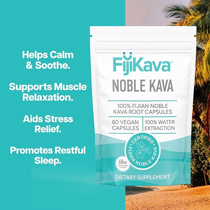 FijiKava Noble Kava Kava Capsules, 600mg Kavalactones Per Serving, Natural Relaxation & Sleep Support Supplement, Vegan & Non-GMO, 60-Count, Premium Piper Methysticum Extract for Calm & Stress Relief