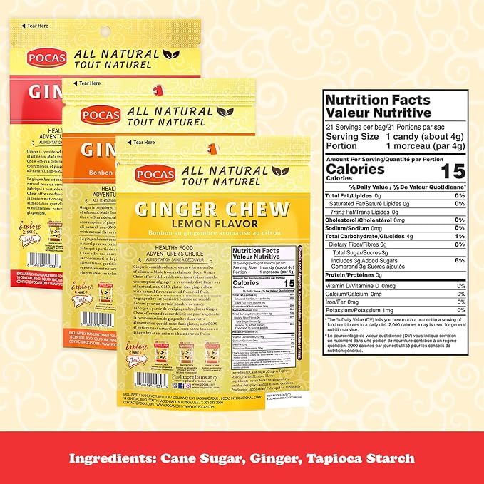 Pocas Ginger Chews, Variety Pack - Mango, Original, and Lemon Ginger Chews, Individually Wrapped Snacks, Ginger Candy Made with Pure Cane Sugar, 3 Oz Ea (3 Piece Set)