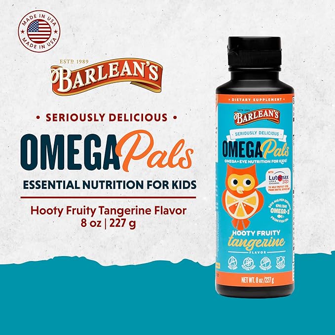 Barlean's Omega Pals Eye Health Liquid, Tangerine Flavored Omega 3 for Kids, Fish Oil Supplement with 500 mg of EPA & DHA Plus Lutein & Zeaxanthin Vitamins for Blue Light Support, 8 oz