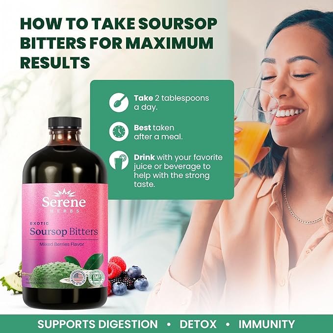 Soursop Bitters Liquid - Organic Herbal Sour Sop Guanabana with Black Seed, Moringa, Irish Moss & Ginger – Gut Support, Energy & Immune Boost – Vegan, Non-GMO – Mixed Berry Flavor – 16 oz