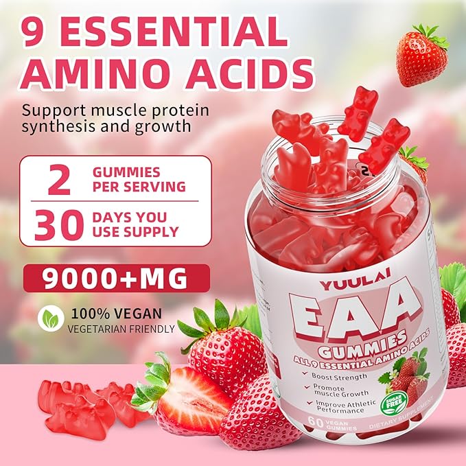 Pack of 2 EAA Gummies Essential Amino Acids - All 9 Essential Aminos (EAA) and All Branched-Chain Aminos (BCAAs) for Muscle Recovery, Energy Support, Strawberry Flavor, 120 Count