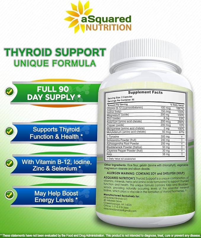 aSquared Nutrition Premium Thyroid Support Supplement with Iodine (180 Capsules) - Best Herbal & Vitamin Complex Pills w/ B12, Ashwagandha, Bladderwrack & Kelp - Helper for Healthy Hormone & Energy