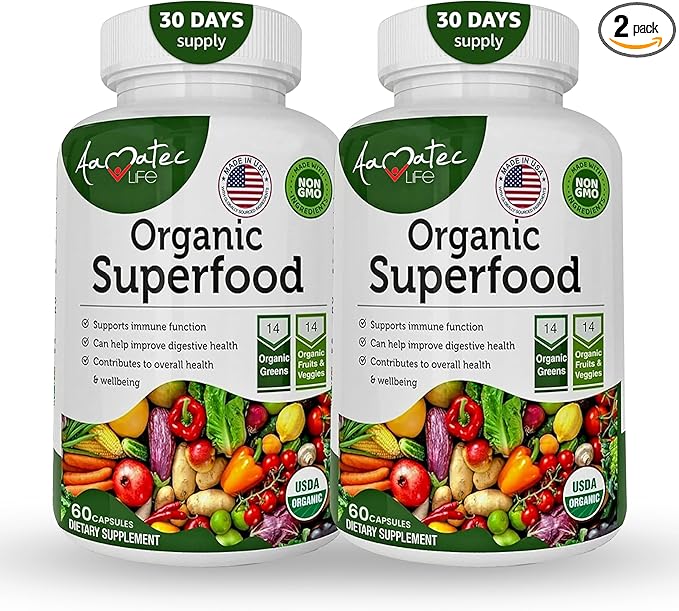 Organic Superfood Greens Fruits and Veggies Complex - Dietary Supplement with 14 Greens &14 Vegetables with Alfalfa Rich in Antioxidants Organic Ingredients Non-GMO (120 Count Pack of 2)