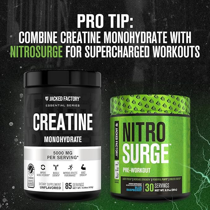 Jacked Factory Creatine Monohydrate Powder 425g - Creatine Supplement for Muscle Growth, Increased Strength, Enhanced Energy, & Improved Athletic Performance 85 Servings, Unflavored