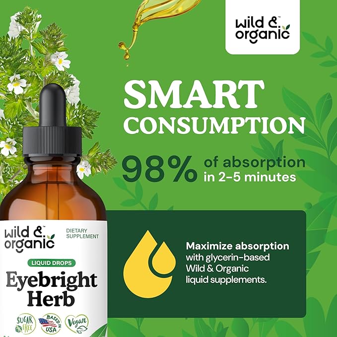 Wild & Organic Eyebright Herb Tincture - Vision Support with Euphrasia Extract - Dietary Eyebright Drops 500 mg - Vegan, Sugar & Alcohol-Free Liquid Supplement - 4 fl oz