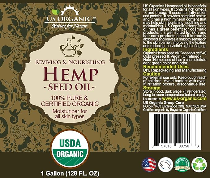 US Organic Hemp Seed Oil, Certified Organic, Pure & Natural, Cold Pressed Virgin, Unrefined, Size for DIY and small manufacturers (128 oz (1 Gallon))