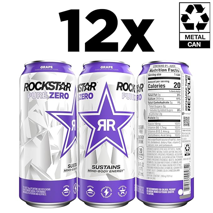 Rockstar Pure Zero Energy Drink, Grape, 0 Sugar, with Caffeine and Taurine, 16oz Cans (12 Pack) (Packaging May Vary)