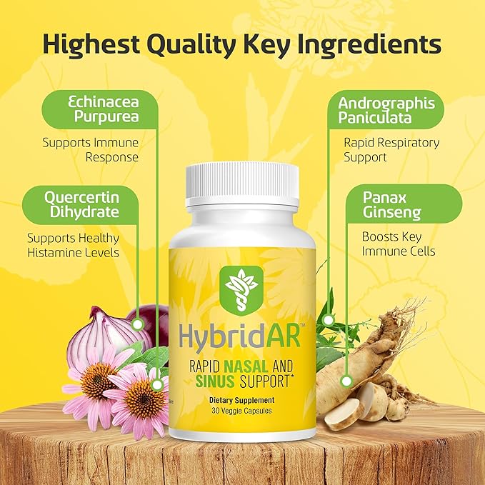 HybridAR Rapid Sinus Relief and Calm – Fast Acting Non-Drowsy Sinus Support and Medicine - Natural Decongestants for Adults with Antihistamine, Quercetin, and Butterbur for Allergies - 30 Capsules