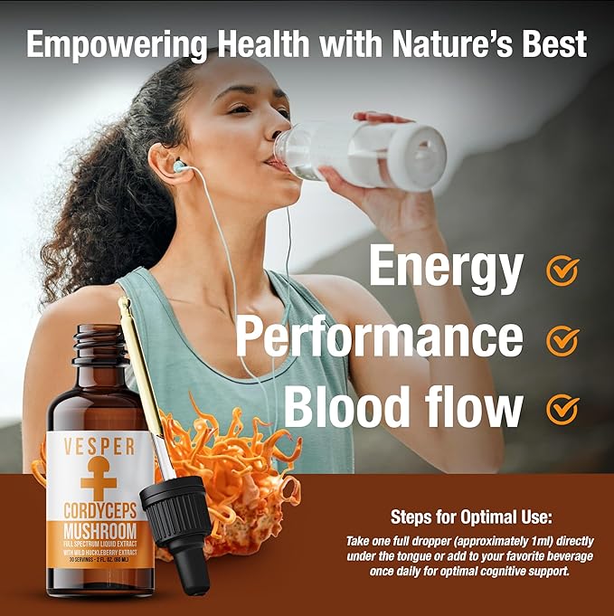 Vesper Cordyceps Mushroom Liquid Extract - Double Extraction with Wild Huckleberries for Energy, Endurance, Circulation Support, USA-Grown, for Natural Stamina & Vitality – 2oz