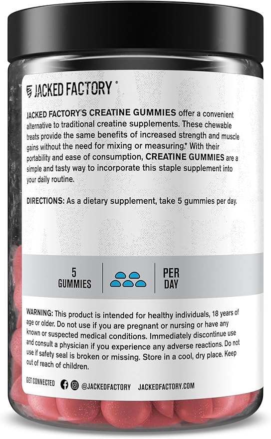 Jacked Factory Creatine Monohydrate Gummies 5g Daily Dose (1g per Gummy) - Creatine Gummy for Men and Women, Vegan-Friendly, Travel-Friendly, Third-Party Tested - 150 Gummies, Blue Raspberry