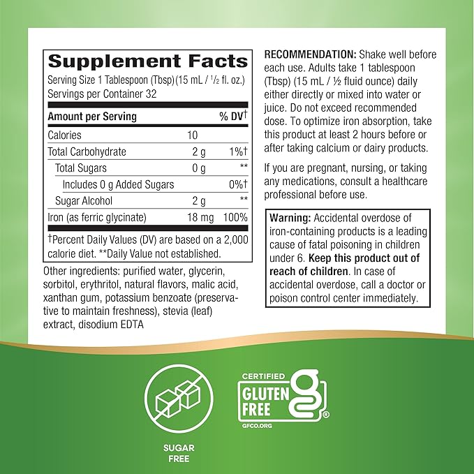 Nature's Way Liquid Iron, 100% Daily Value, 18 mg Iron as Ferric Glycinate per Serving, No Sugar Added, Berry Flavored, 16 Fl Oz (Packaging May Vary)