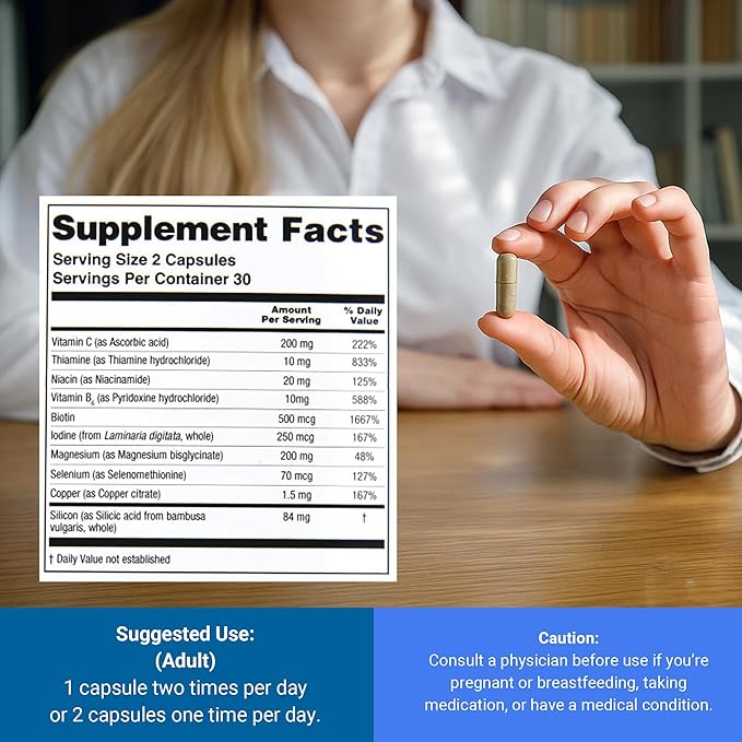Nourishing Waves Plus - Thyroid Support Supplement with Kelp, Iodine, Selenium & Biotin - Vitamin B Complex (B1, B3, B6) for Healthy Hair, Skin & Nails for Men & Women, Prevent Hair Loss - 60 Capsules