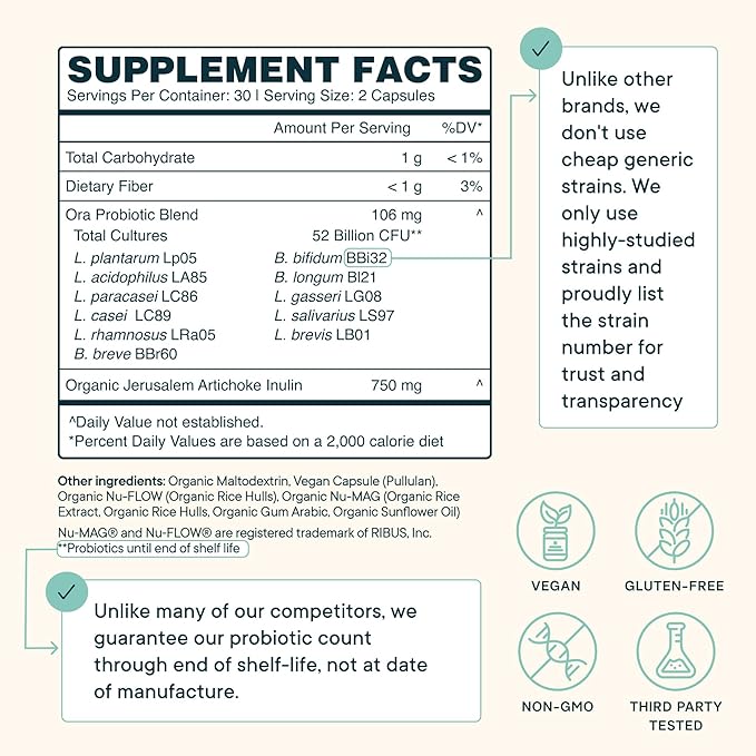 Ora Organic Probiotics with Prebiotics - 52 Billion CFU 11 Clinically Studied Strains for Digestive Health, Trust Your Gut, Gluten Free, 60 Capsules